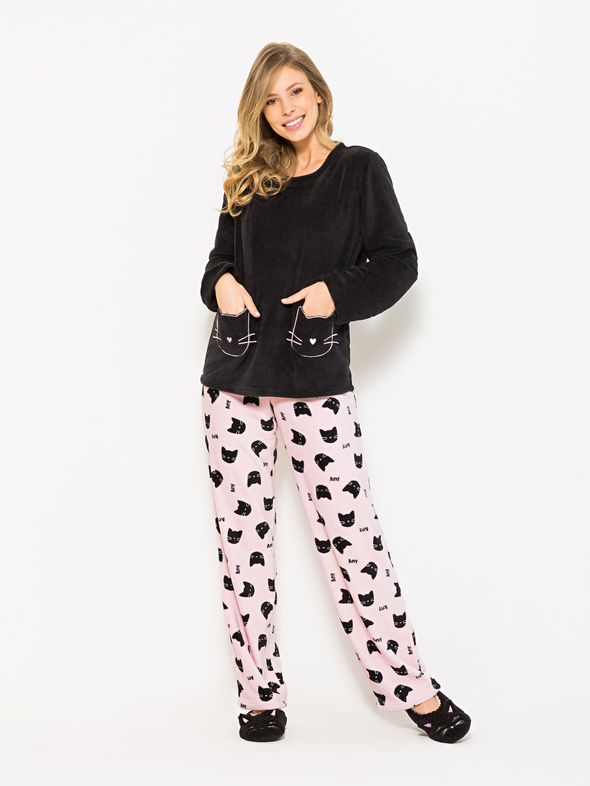 Pijama Longo Manga Longa Soft Feminino Black Cat 04011511 Any Any